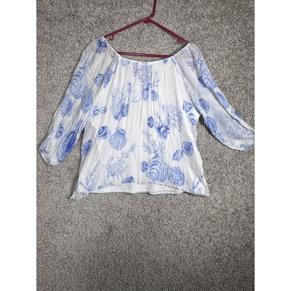 Linea Domani Floral Blouse Size XL White Blue Chiffon Fairy Romantic Feminine - Picture 2 of 6